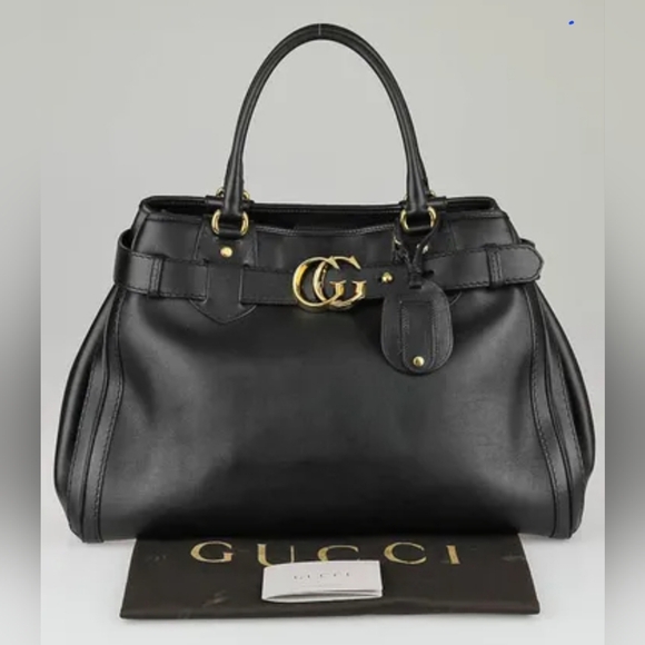 🇮🇹GUCCIBlack Leather GG Running Large Tote Bag💛🖤💛🖤 - Picture 1 of 16
